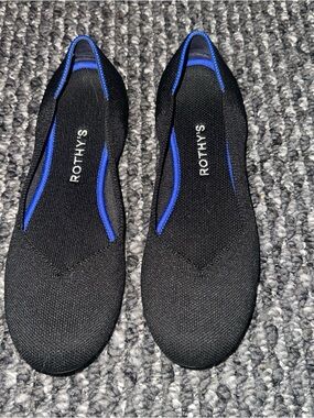 Rothy's Black Knit Slip-On Loafers with Blue Trim
